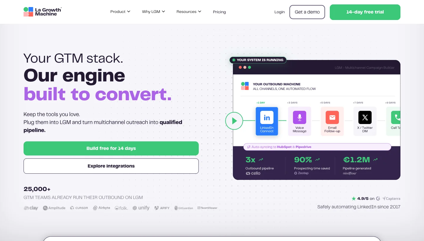 La Growth Machine homepage: multichannel LinkedIn and email outreach automation