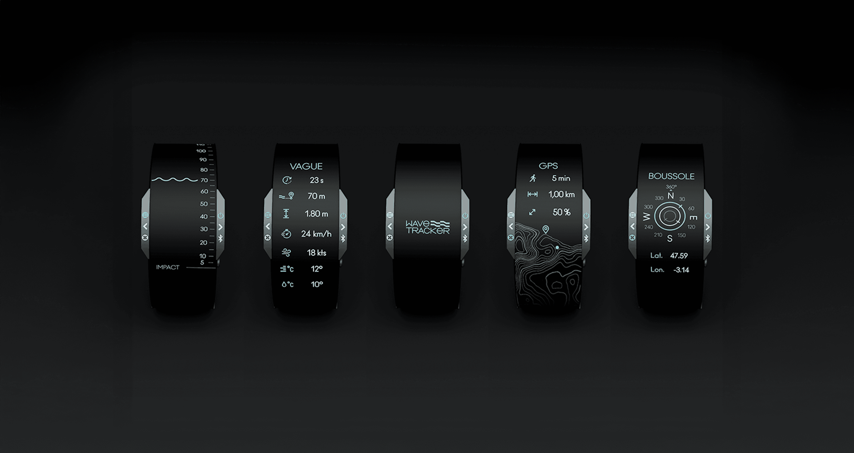 Interfaces et visuels du produit Wave Tracker, design digital et concept artistique immersif.