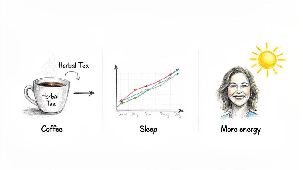 Illustration showing switching from coffee to herbal tea, leading to improved sleep and more energy.