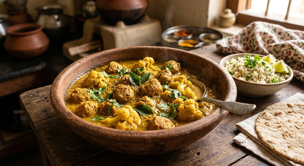 A steaming, rustic clay bowl of creamy yellow cauliflower and soy chunk curry garnished with fresh cilantro and curry leaves on a wooden table. The wholesome meal is served with a bowl of cauliflower rice and flatbread in a traditional Indian home kitchen setting.