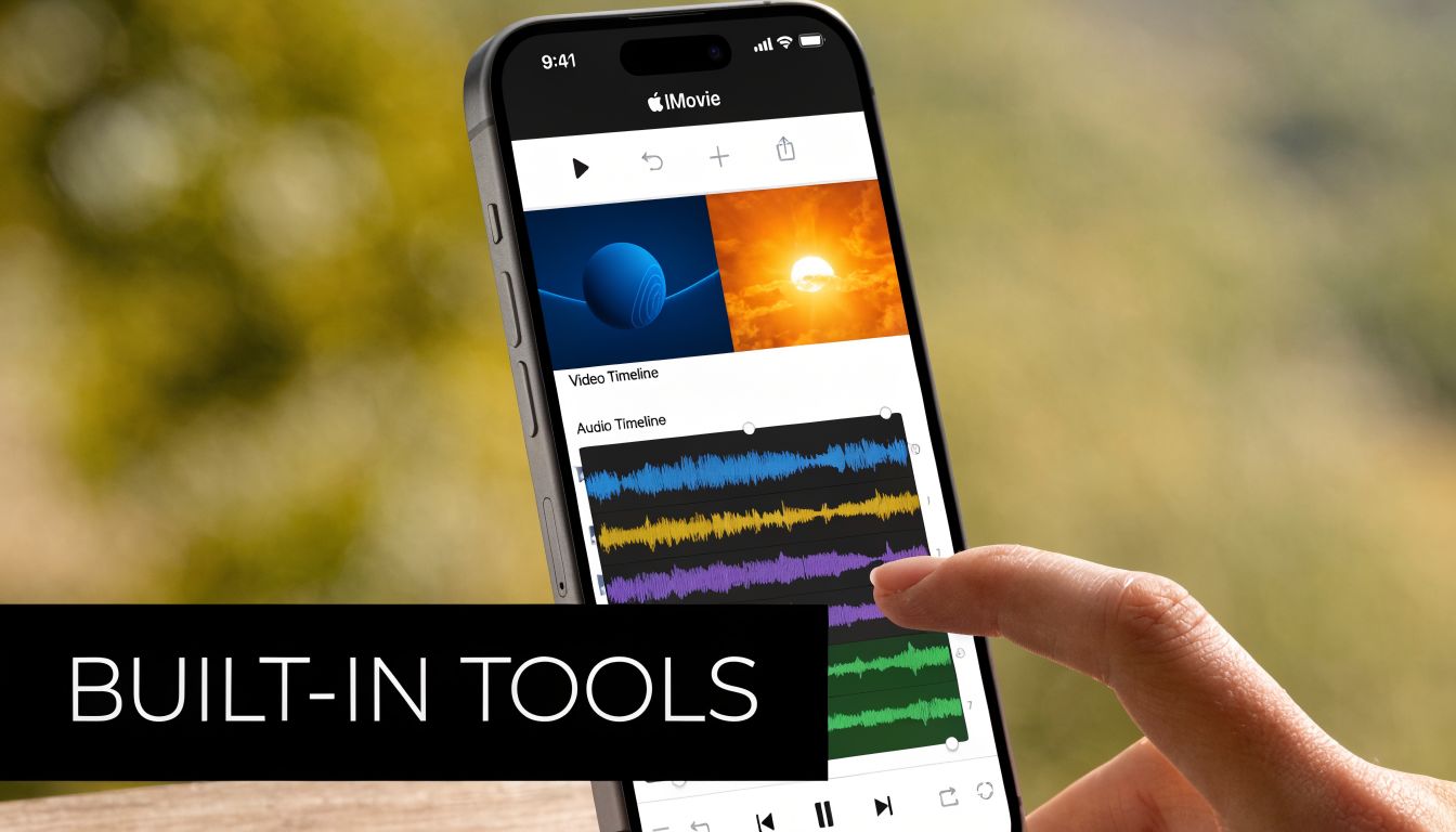 A close up view of a person using the iMovie app on an iPhone to edit audio tracks.