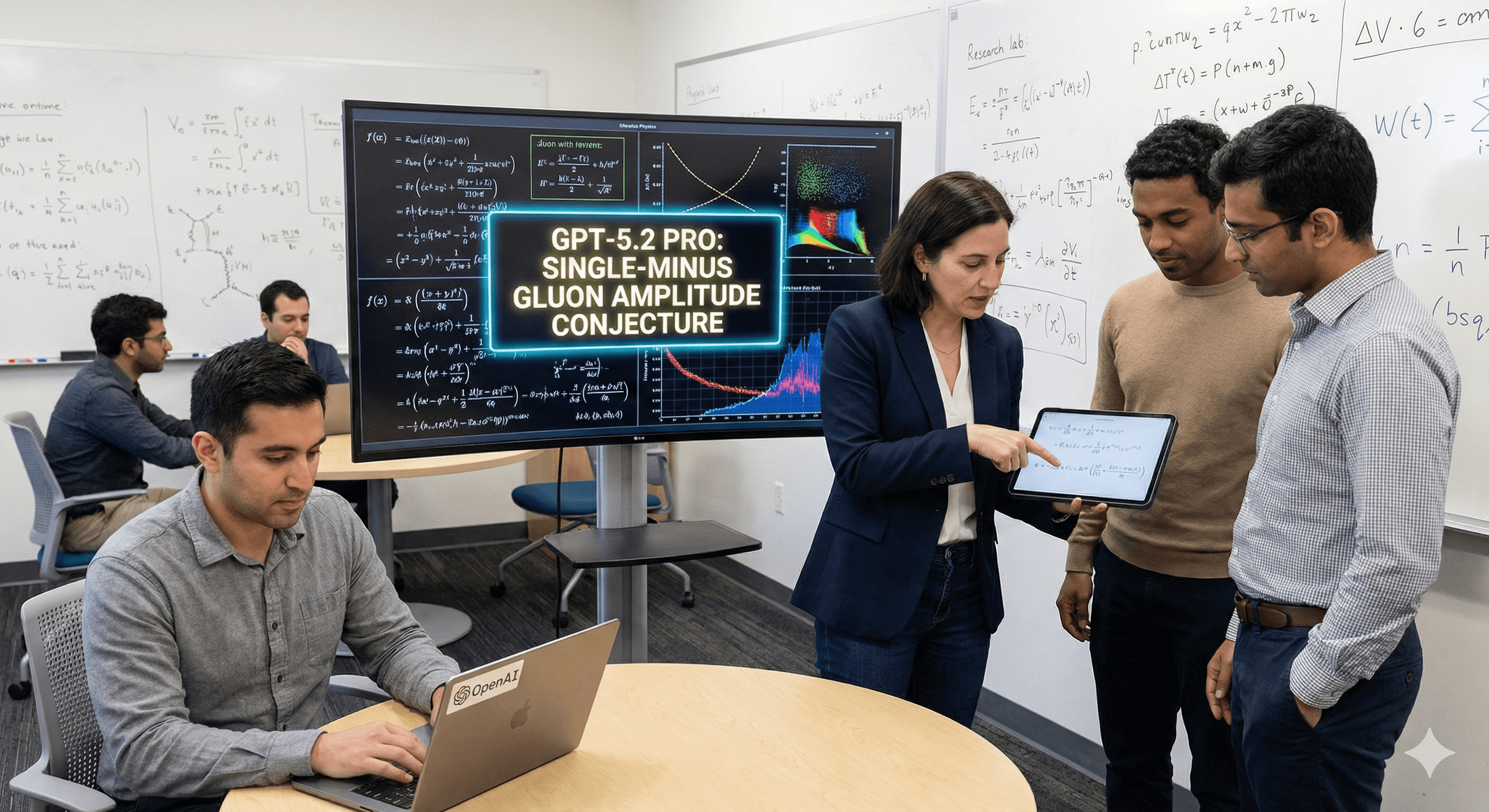 In a modern classroom, five researchers collaborate on a breakthrough project, with one person presenting a screen displaying complex equations related to the "GPT‑5.2 Gluon Amplitude Conjecture."