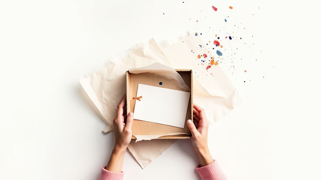 Overhead of hands holding an open gift box with a blank card, surrounded by crumpled paper and colorful paint splatters.
