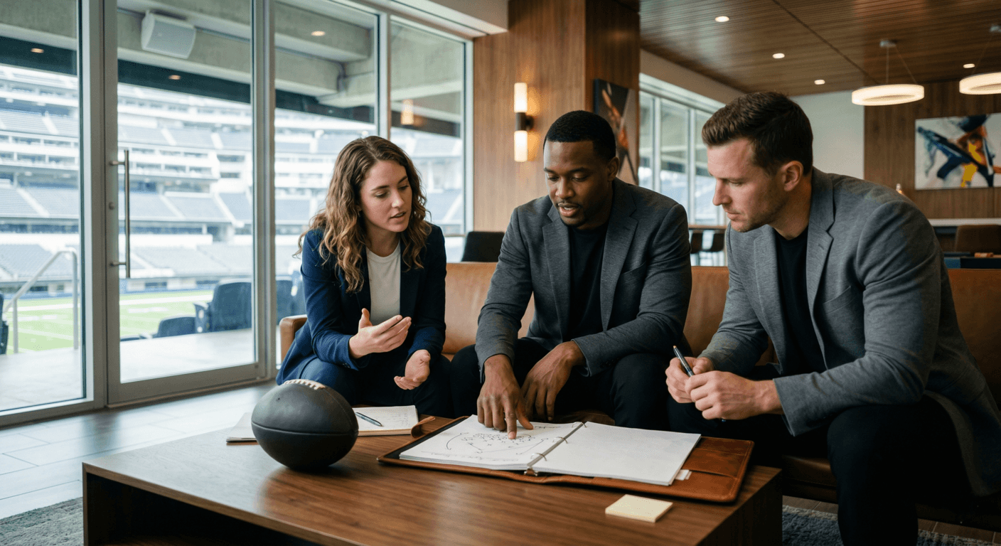 Athletes wearing suits at a table working on a strategy