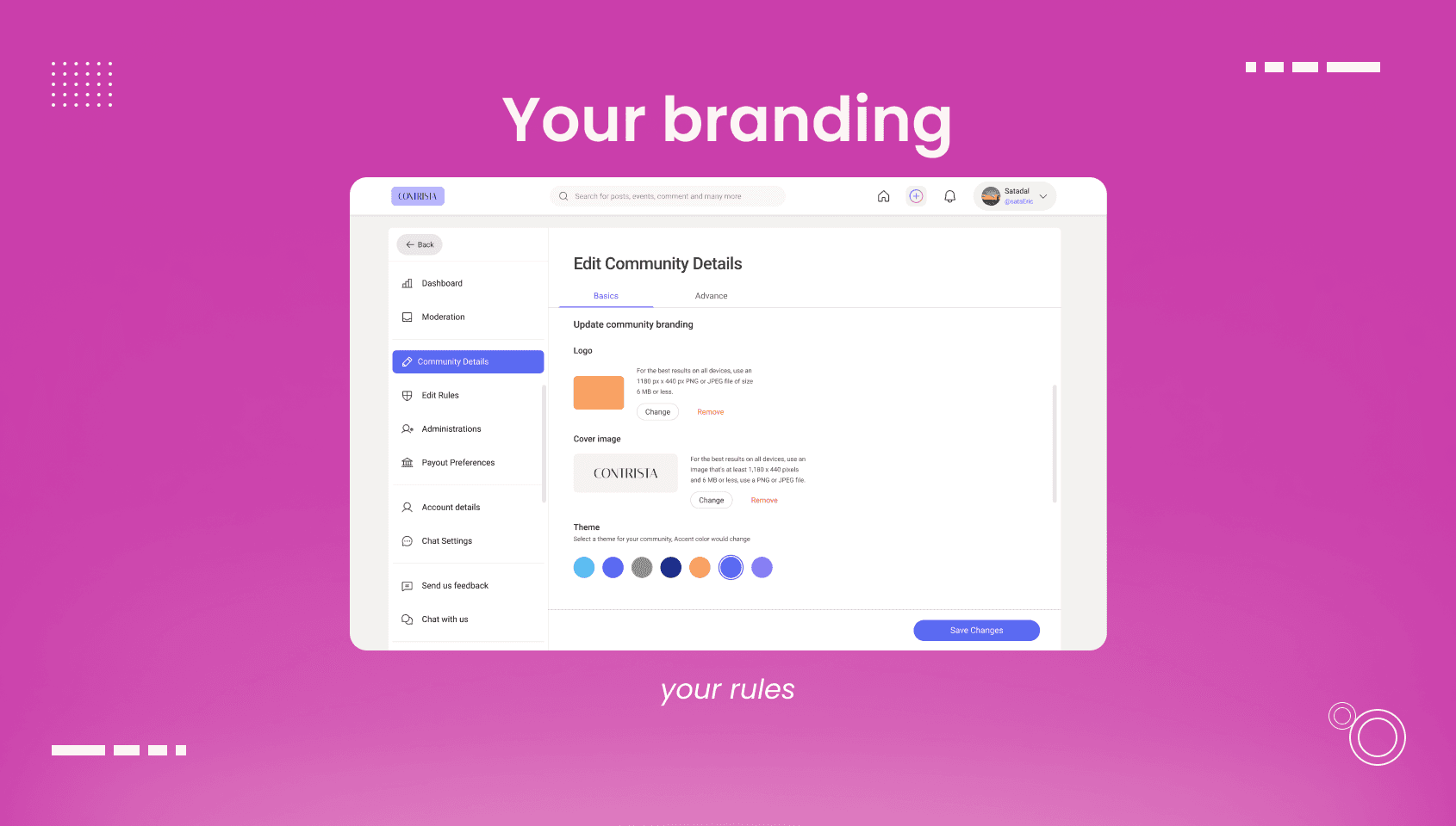 Interface for customizing community settings on Wylo, including options to change the community name, description, cover image, logo, custom domain, and more.