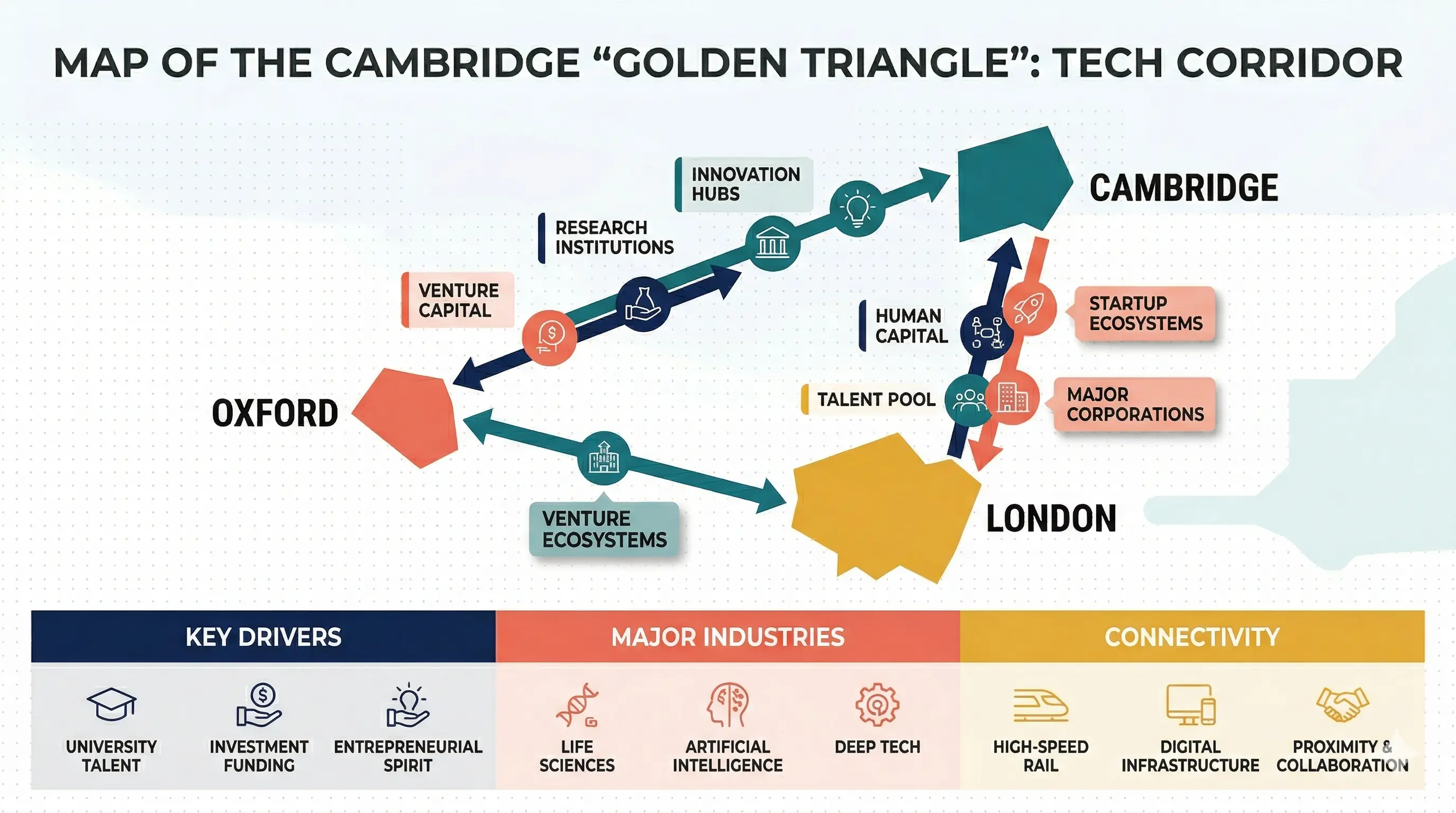 Map of the Cambridge "Golden Triangle" showing the Cambridge-London-Oxford tech corridor.