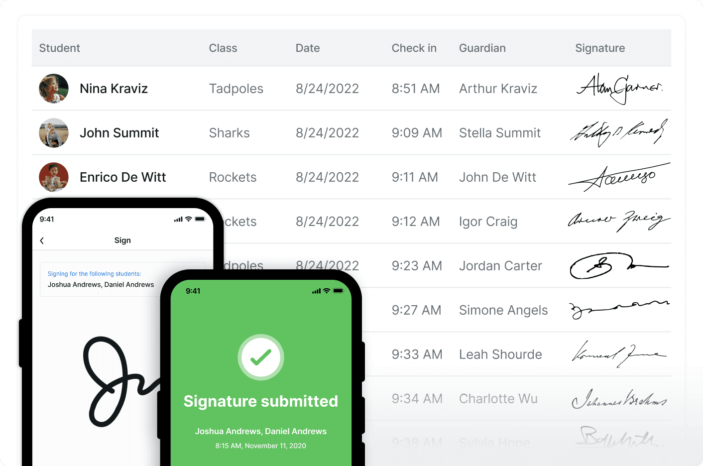 Playground digital sign-in log with mobile parent signature capture