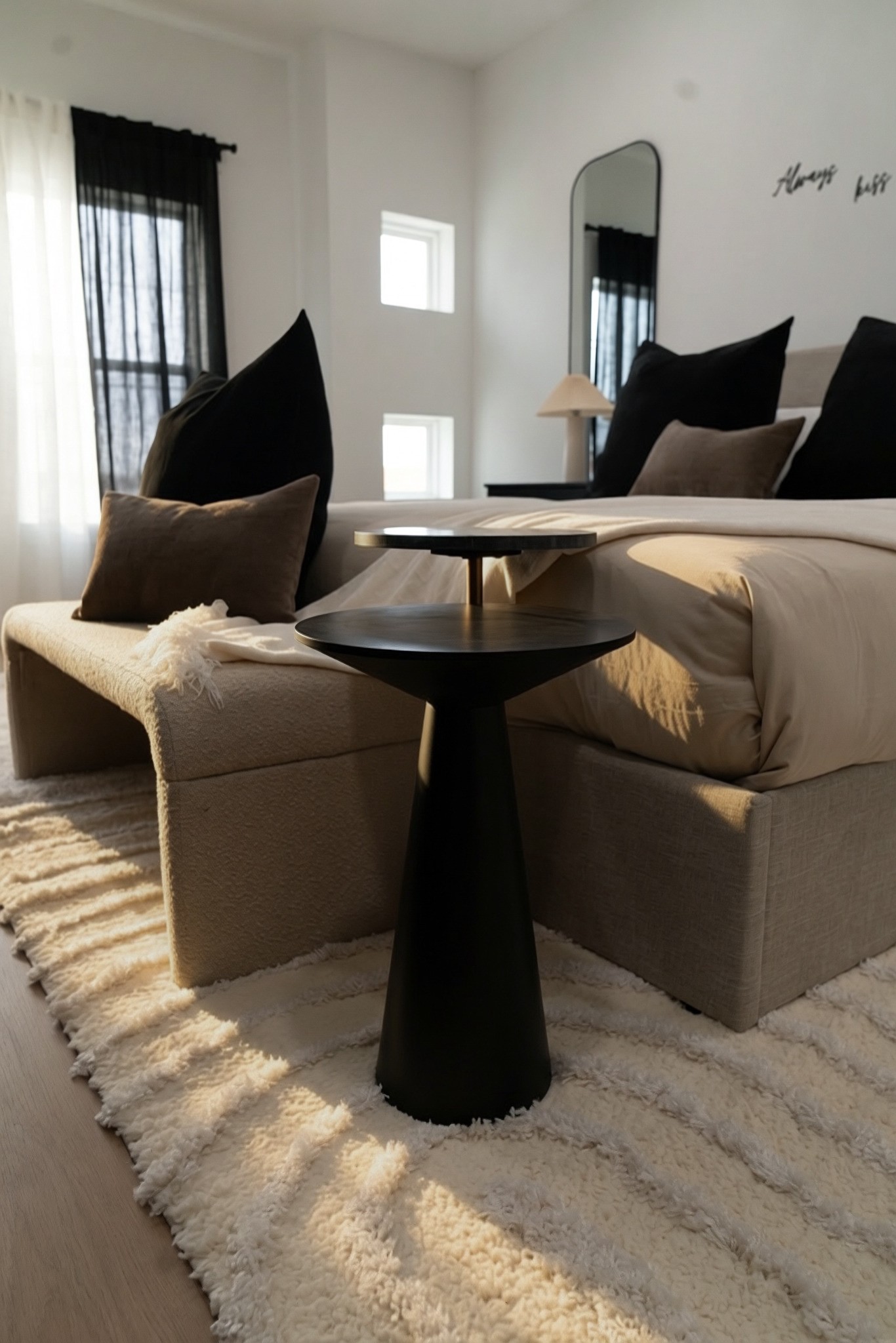 Modern living room with orange chair and plant.