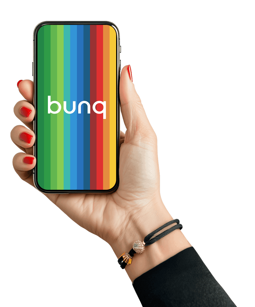 Een hand houdt een smartphone vast met daarop een kleurrijk "bunq"-logo op het scherm, met een levendig design.