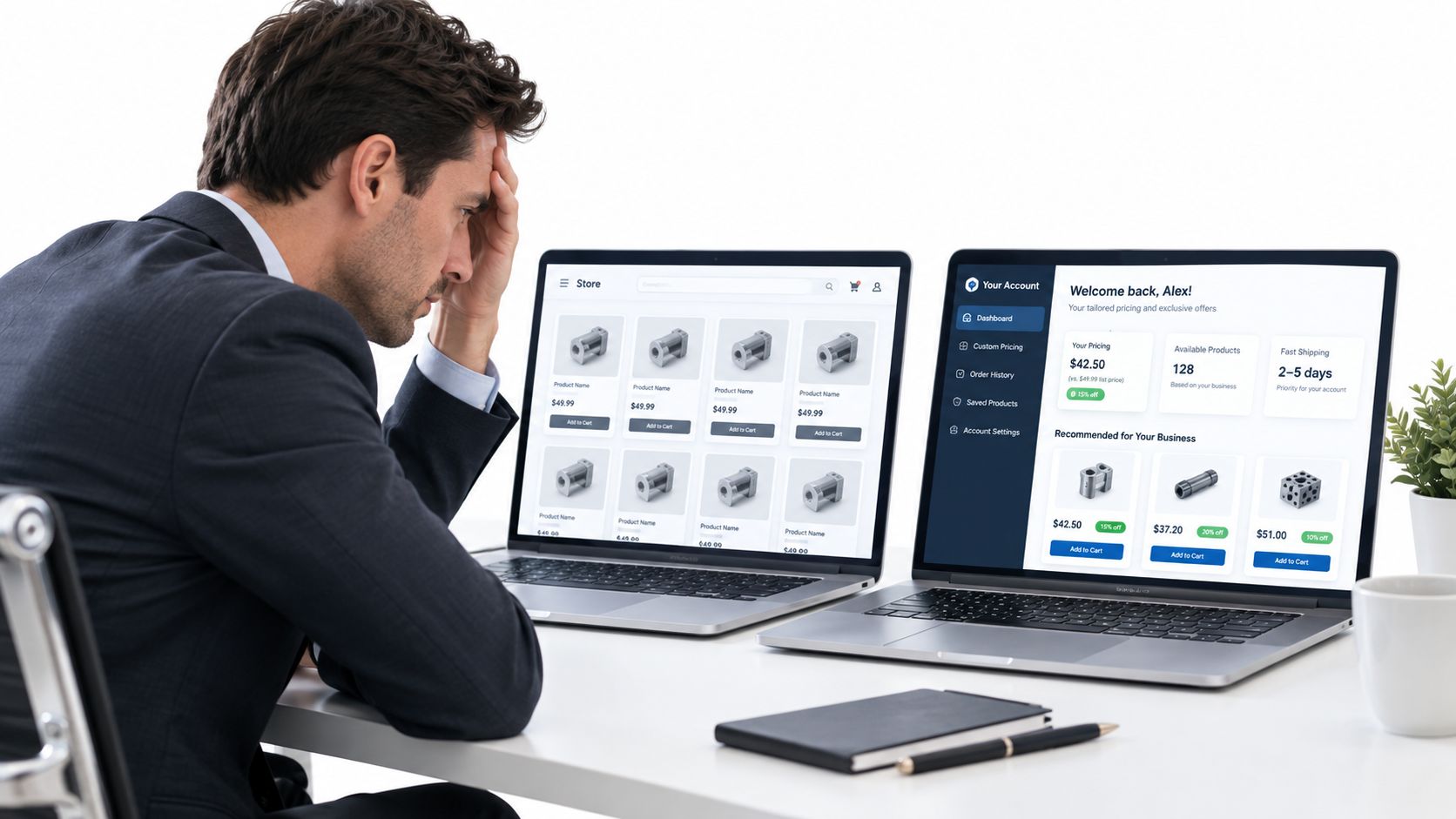 A frustrated businessman working on two laptops at a white desk in a minimalist modern office.