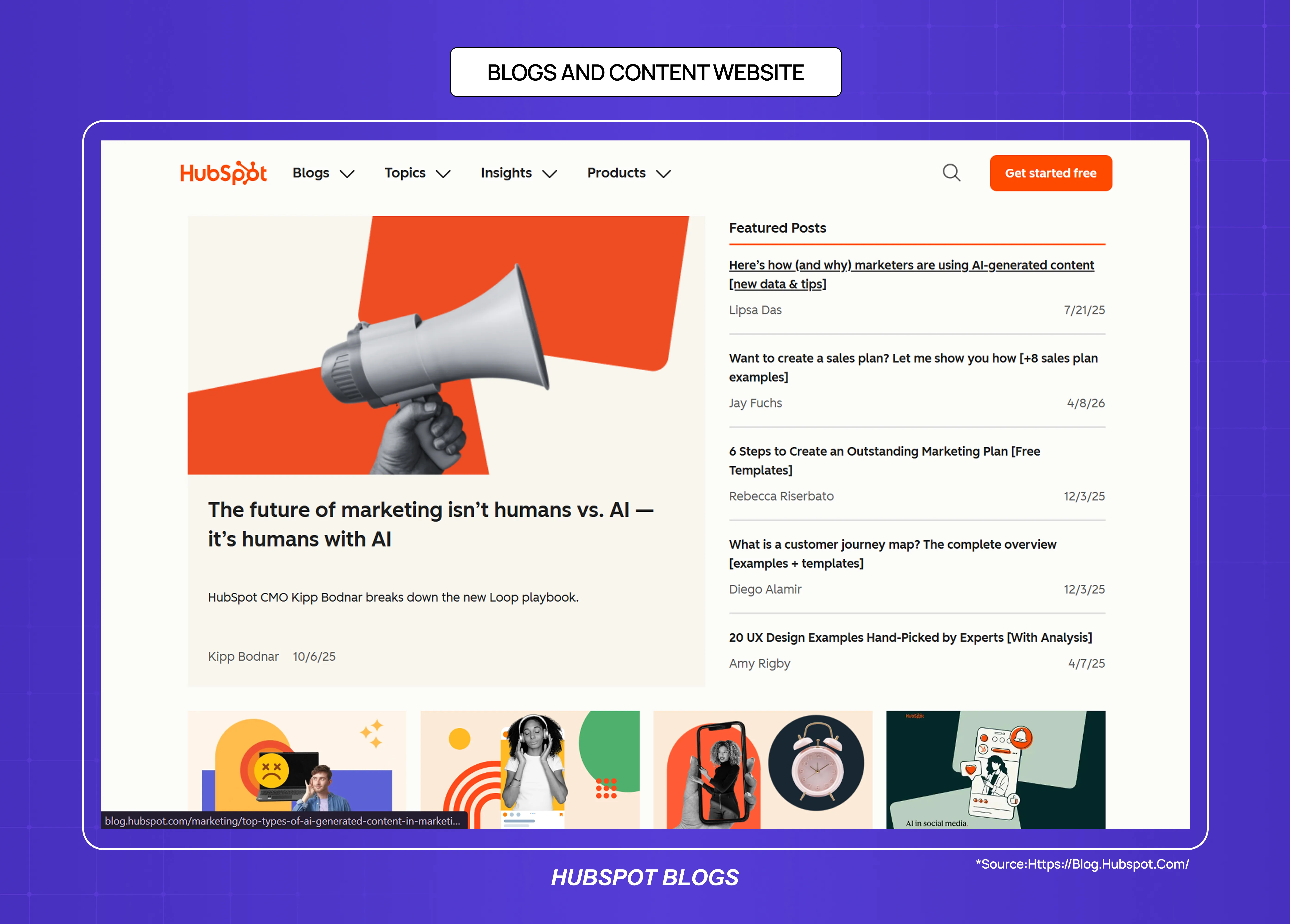 HubSpot Blogs content website featuring featured articles, editorial cards, and marketing-focused blog content.