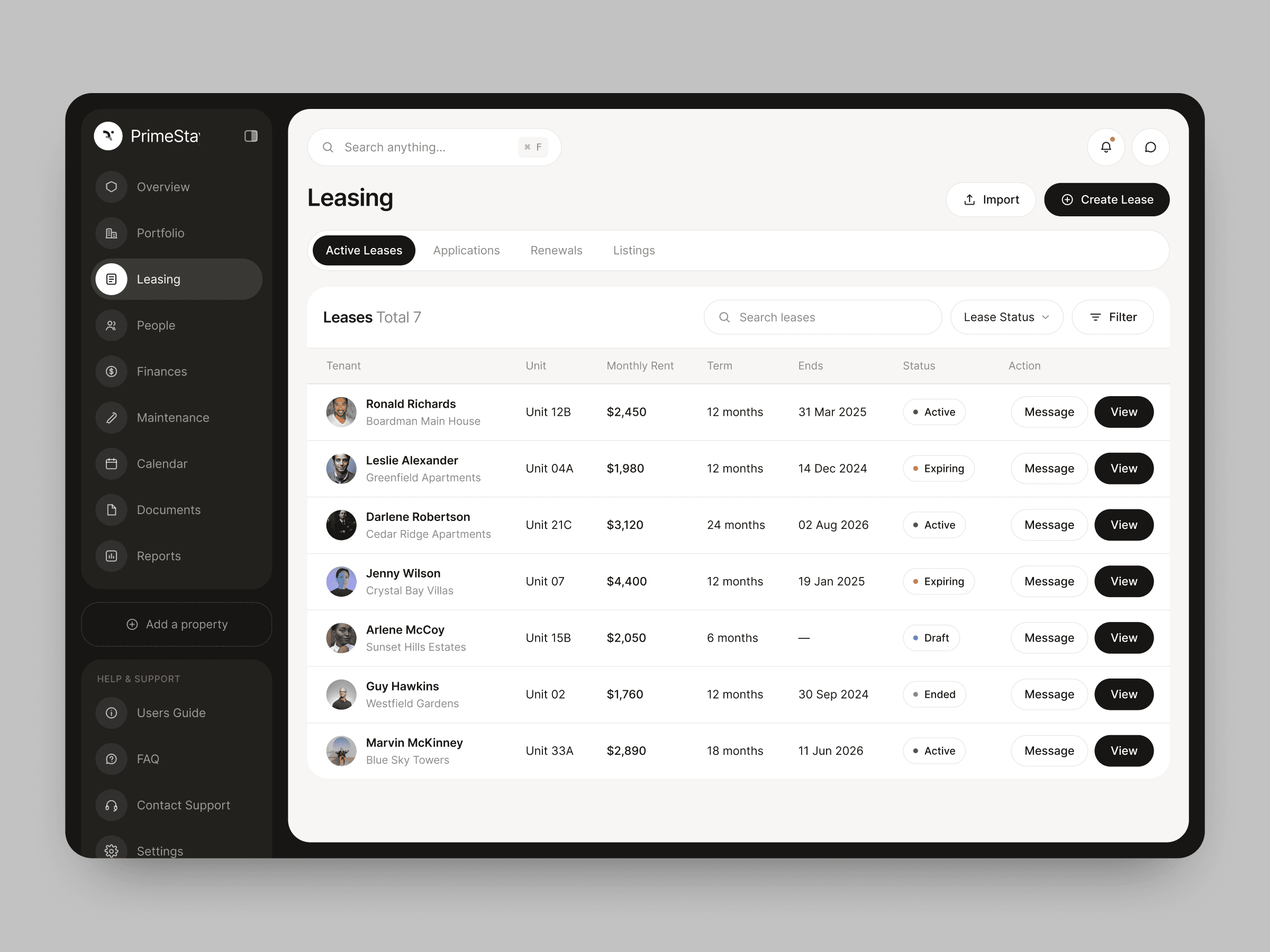 PrimeStay leasing screen