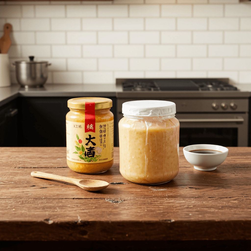 product photography of two containers of fermented soybean paste, used for cooking and seasoning