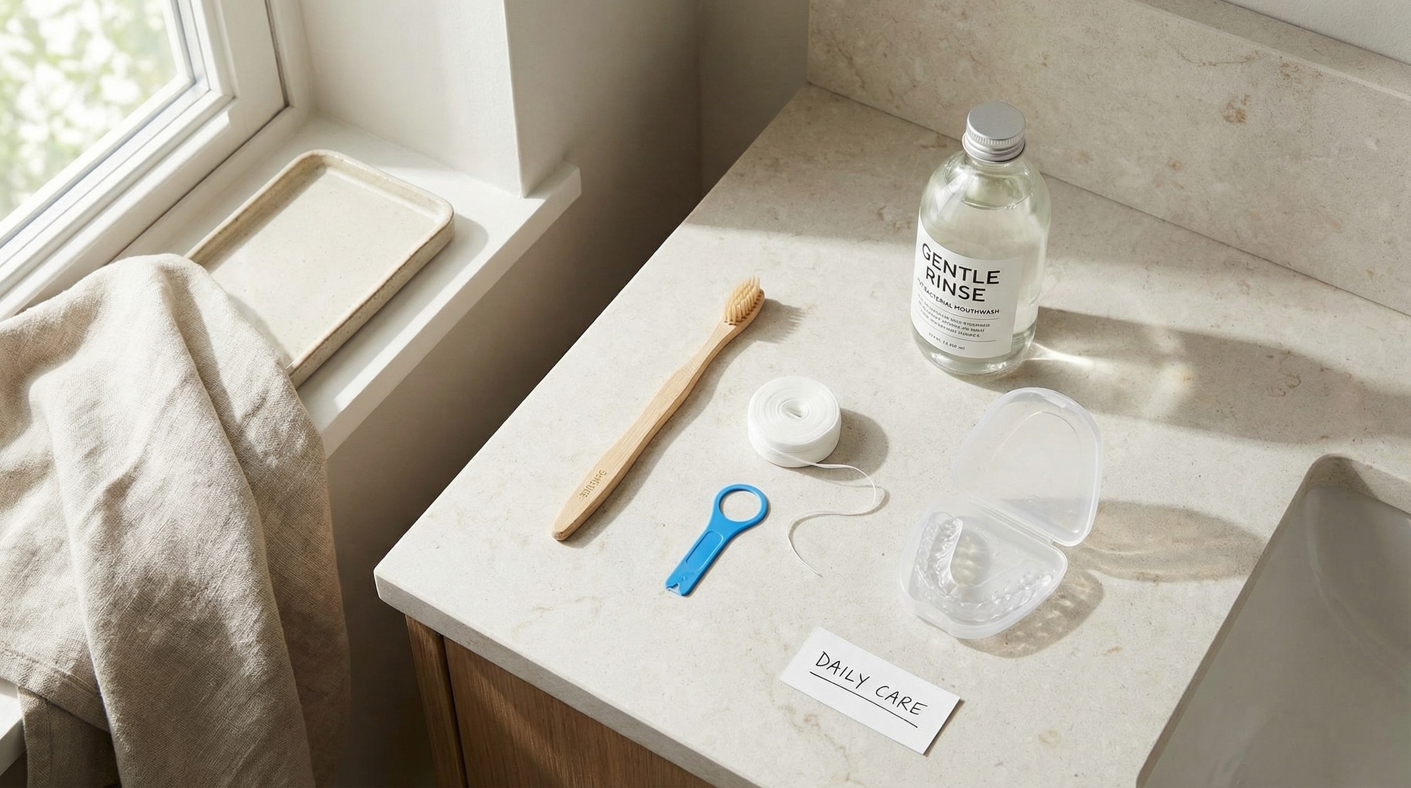 Implant care supplies showing daily maintenance routine with toothbrush, floss, and antibacterial mouthwash