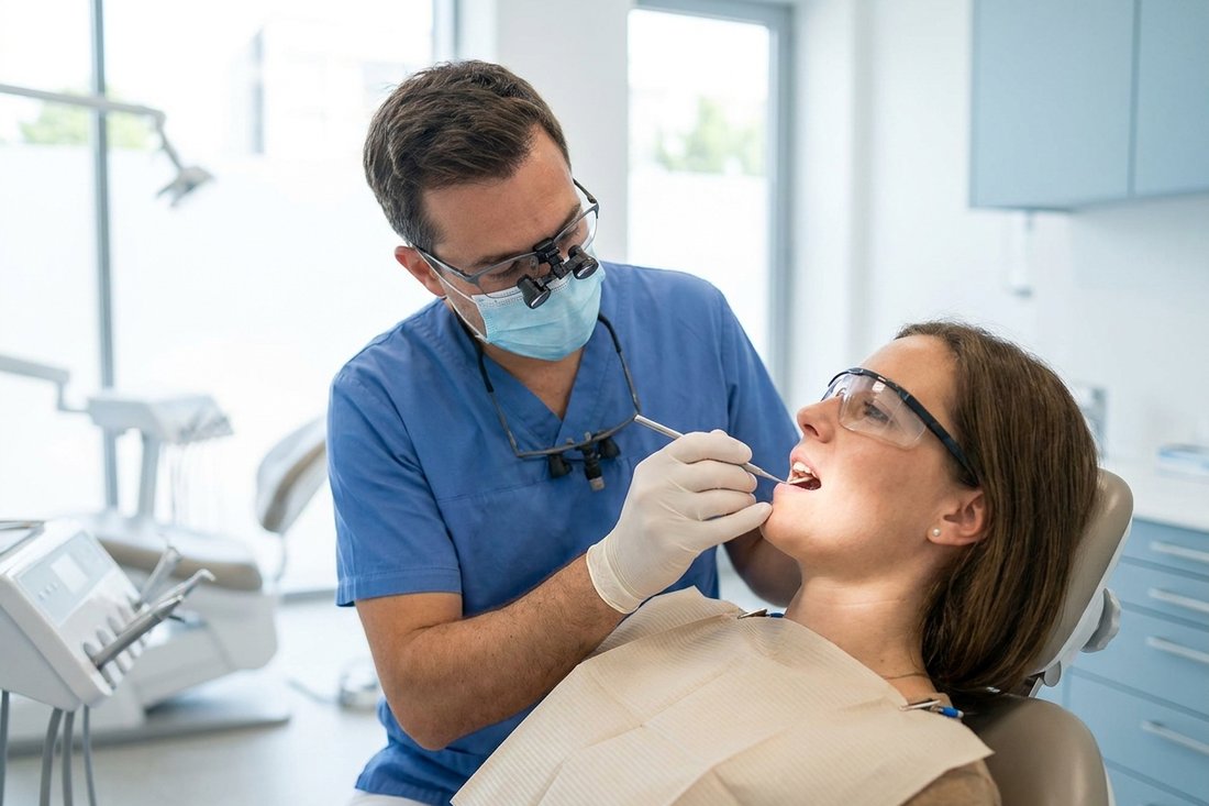 Dentist examining a patient's chipped front tooth to assess the damage
