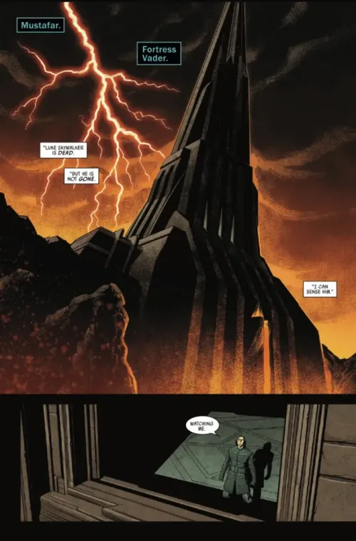 Preview page for Star Wars: Legacy of Vader #10 featuring Vader's Castle on Mustafar and Kylo Ren talking about Luke Skywalker
