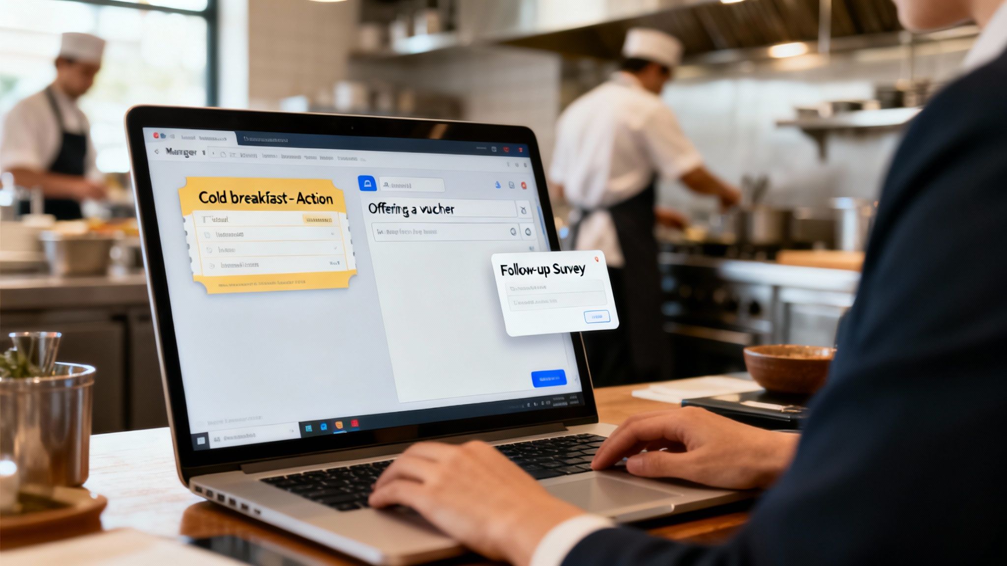 A person types on a laptop displaying customer feedback and survey software in a professional kitchen.