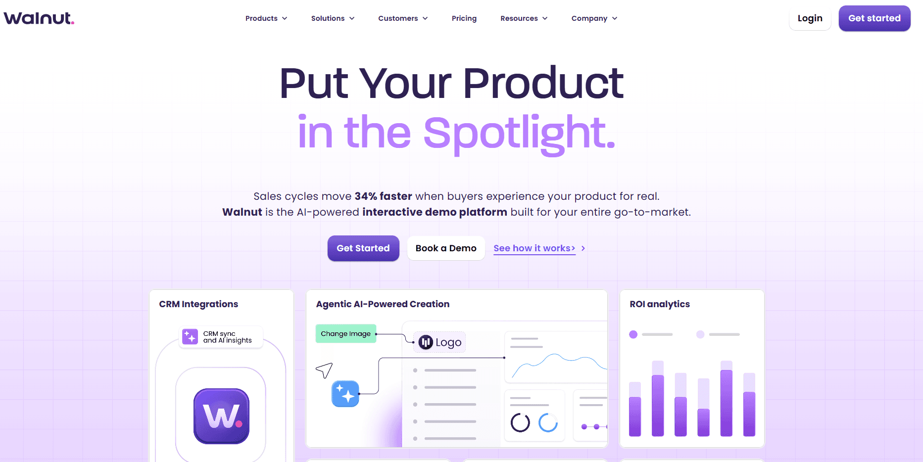 Walnut Homepage highlighting personalized interactive demos and collaborative deal rooms.