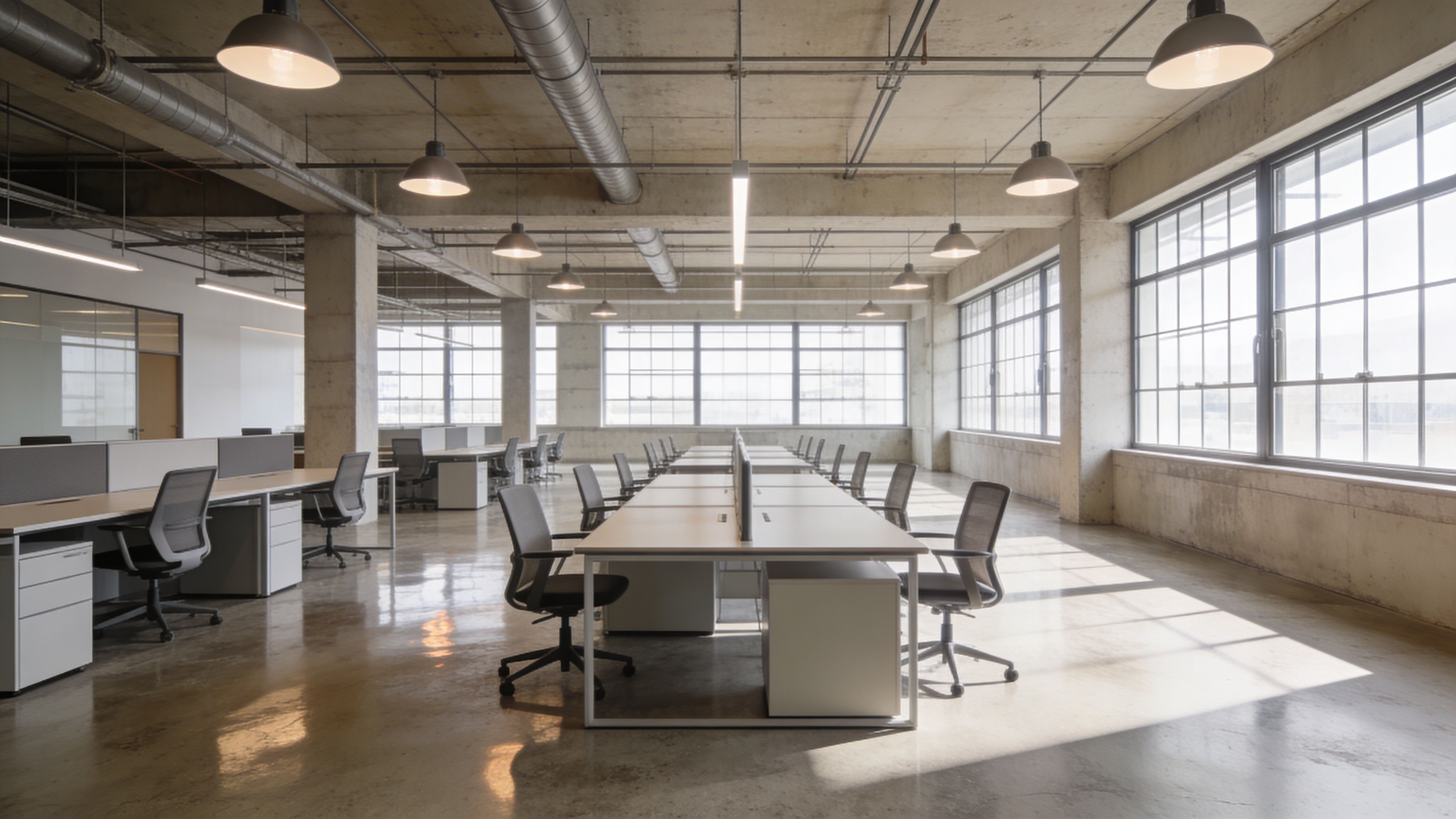 Large industrial warehouse interior with high steel structure, open floor space, and overhead lighting
