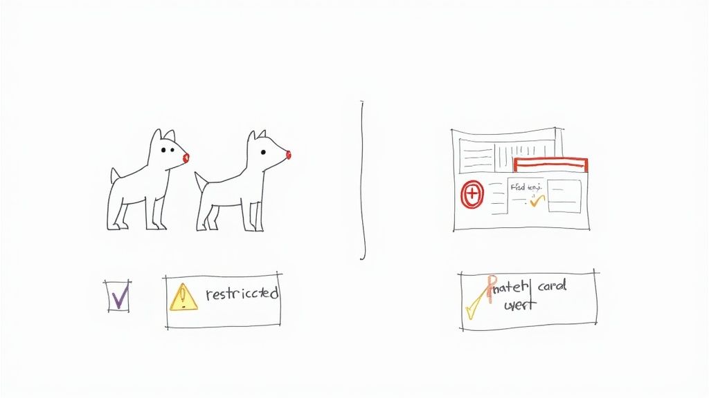 Two dogs with checkmarks next to KLM pet policy documents showing travel restrictions and health certificate requirements