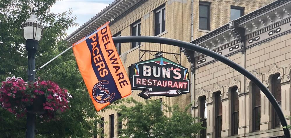 Bun's Restaurant street sign with Delaware Pacers flag