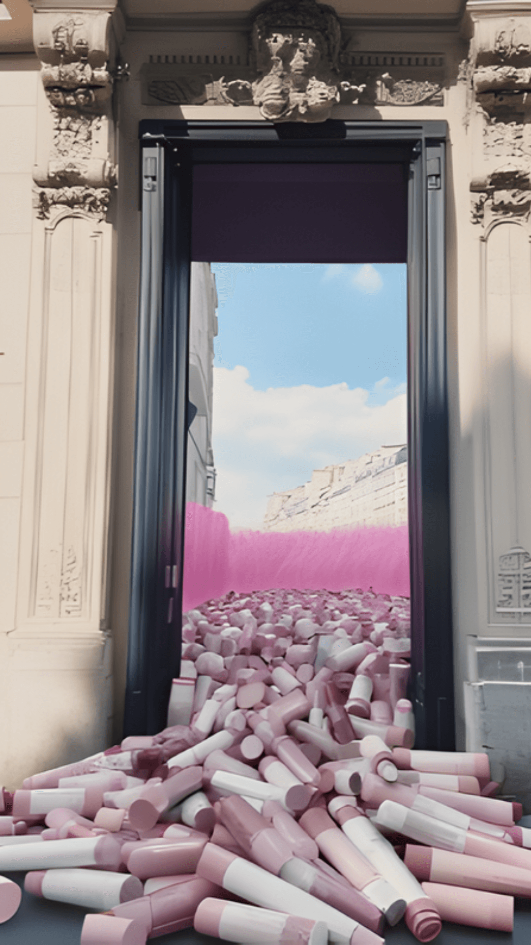 A realistic render of the entrance with hundreds of pink lipsticks cascading out from the open doorway like a waterfall