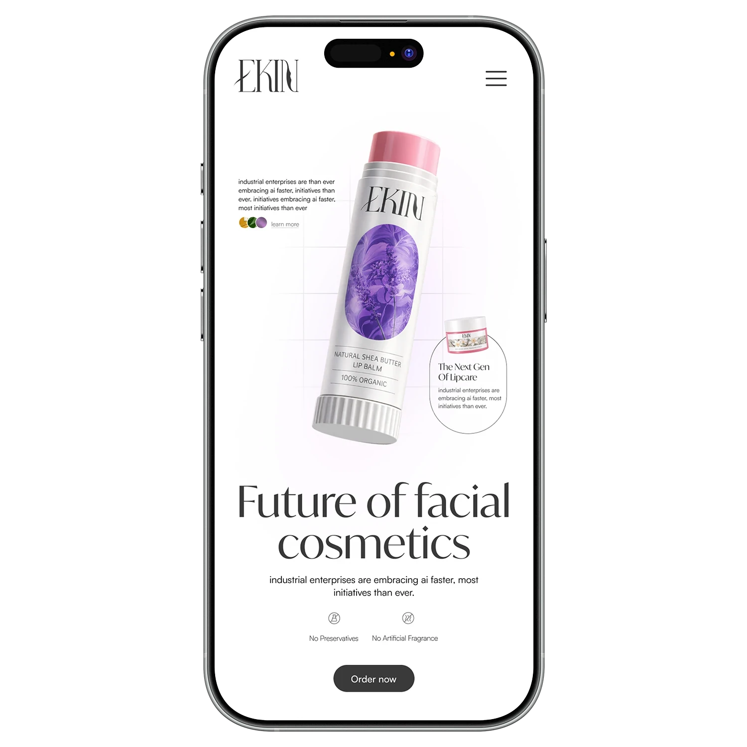 Ekin mobile website design showcasing lip balm products and clean UI