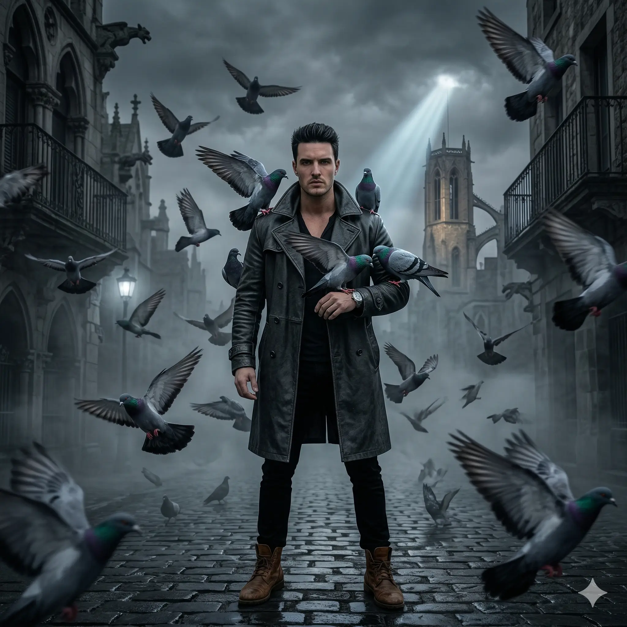 Moody AI image generation of a man in a trench coat surrounded by flying pigeons in a foggy, gothic street, generated via Nanobanana prompts by digital marketing trainer Mahendra.