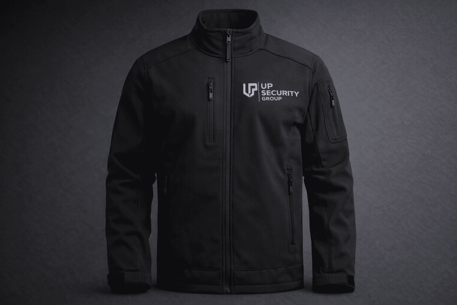 Logo UP Security Group na odzieży firmowej, branding na czarnej kurtce softshell