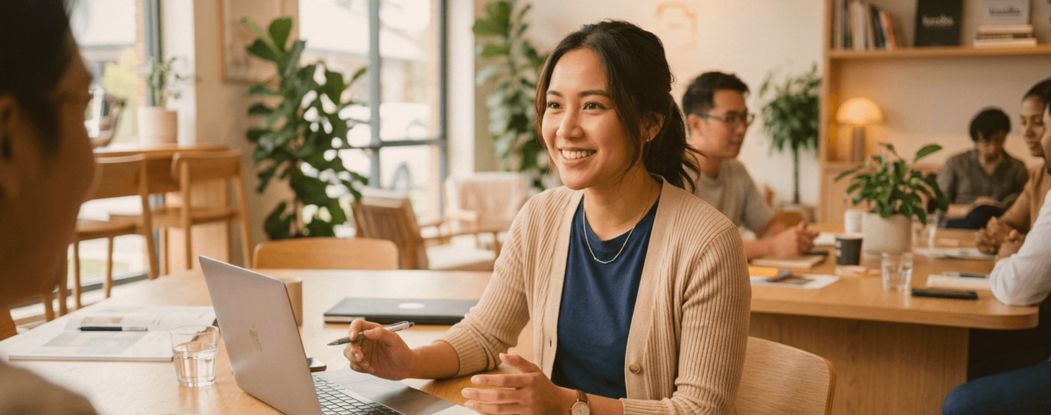 woman sitting around table holding tablet