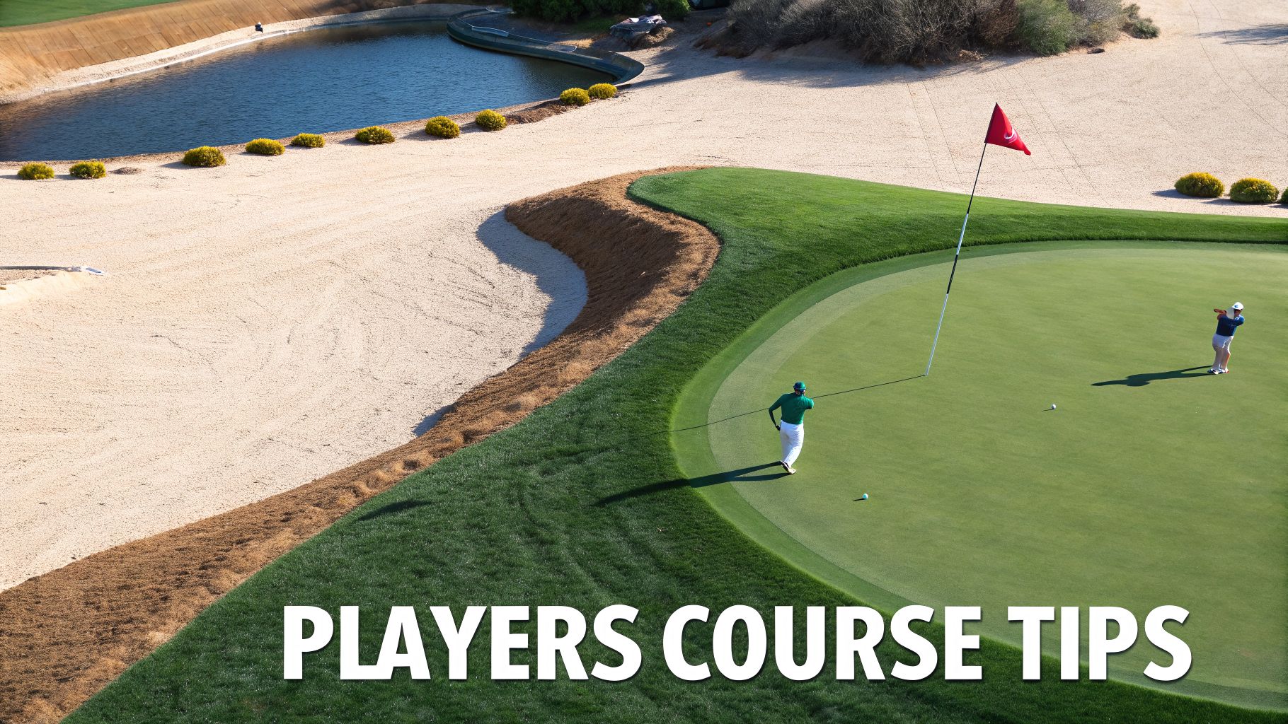 Aerial view of a golf course with two players putting on the green, next to a sand trap and water.