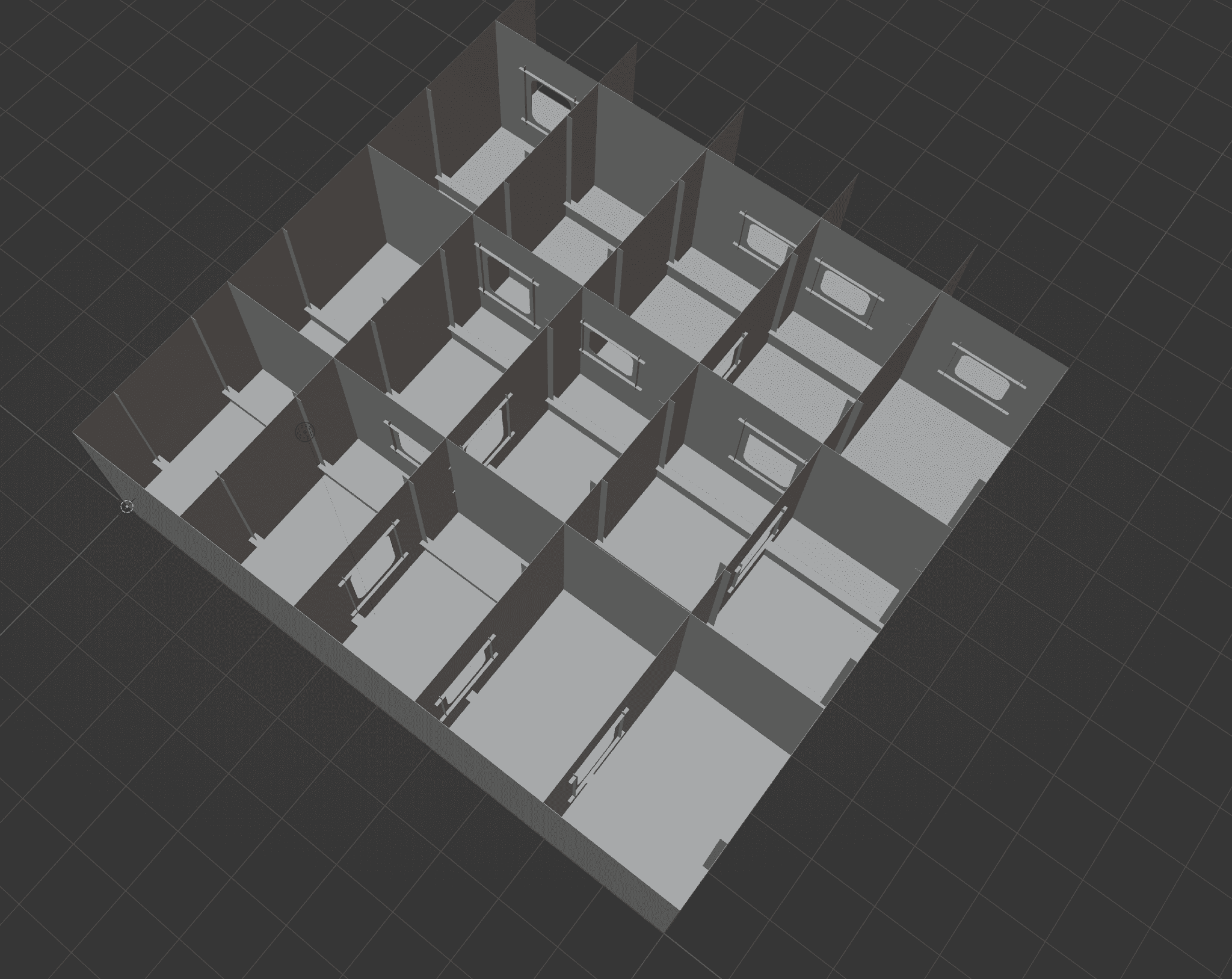 자동 생성된 가상 환경의 조감도. 격벽과 보강재가 반복되는 조선소 블록 구조가 코드로 재현되었다