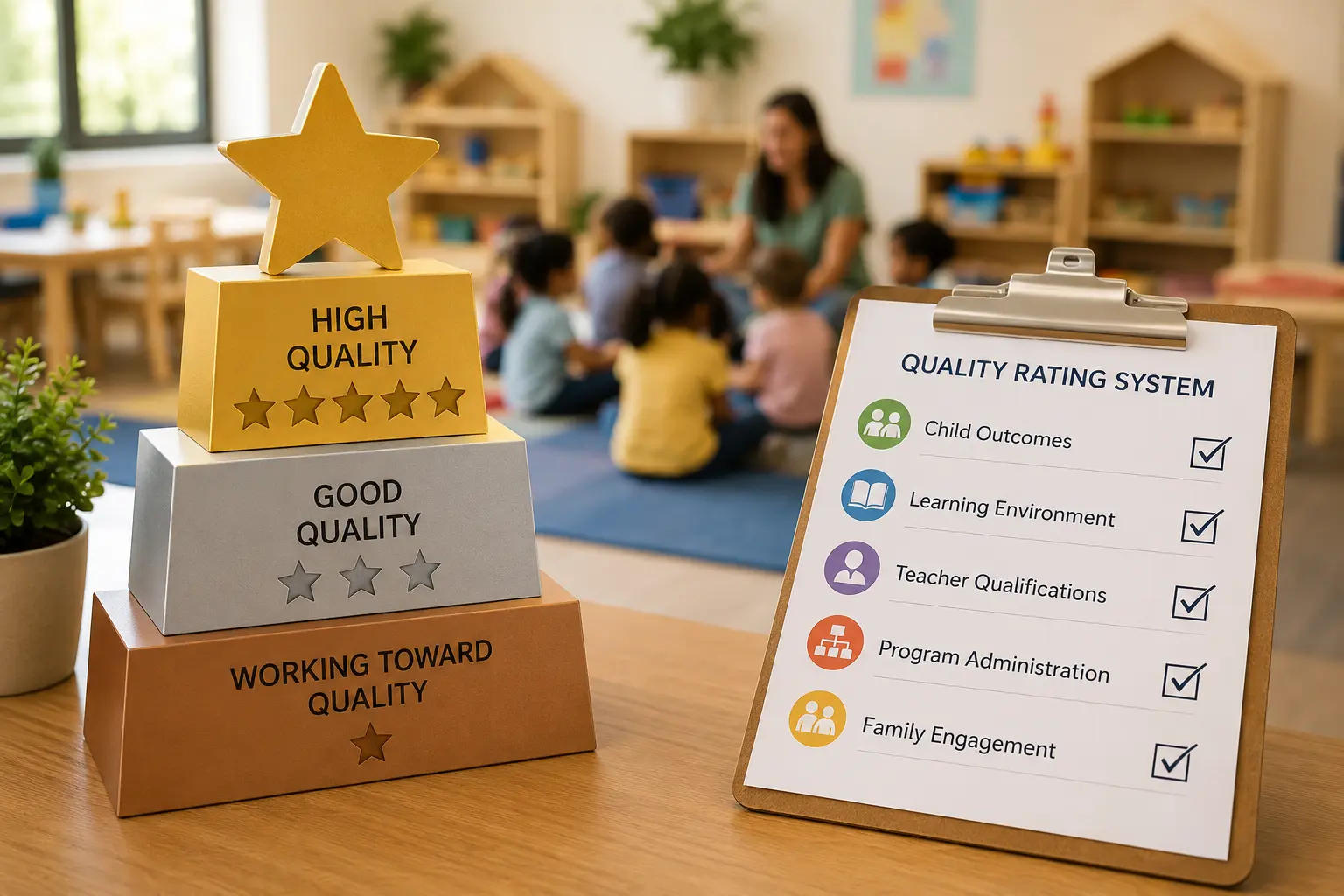 an image of star ratings in gold silver and bronze bars on the backdrop of a preschool room with children and a teacher