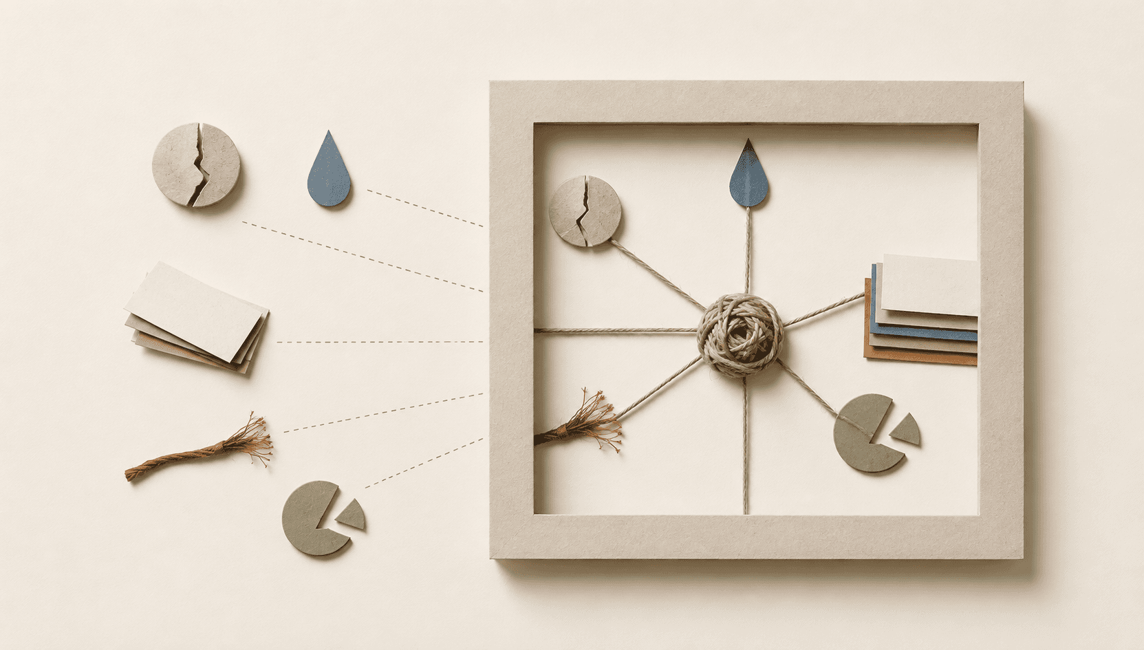Editorial still life on a warm cream background showing scattered broken objects outside a rectangular frame and the same objects connected by string to a central knot inside it, illustrating how reframing reveals the root cause behind separate symptoms.