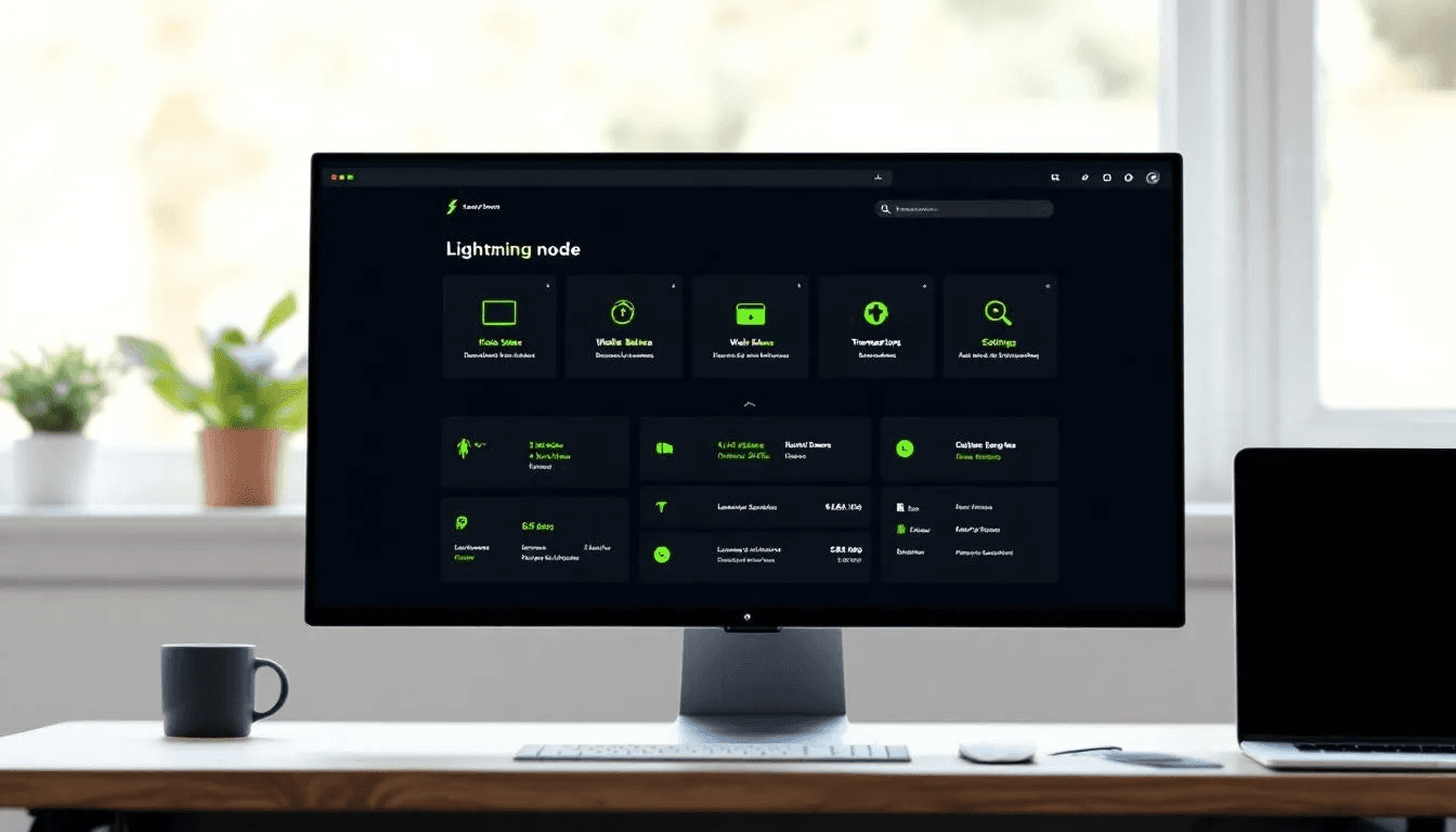 The image depicts a computer monitor displaying a lightning node management interface, showcasing various features for managing lightning network nodes and payment channels. This interface allows users to facilitate lightning payments and monitor bitcoin transactions efficiently within the bitcoin lightning network.