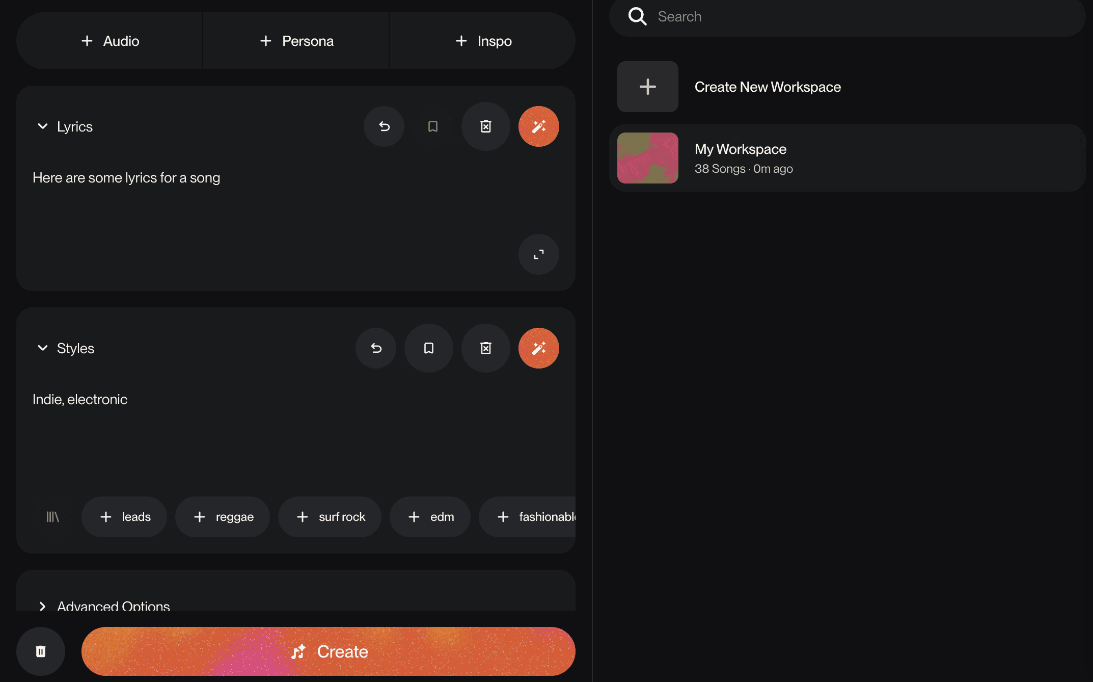 Suno AI song generation page