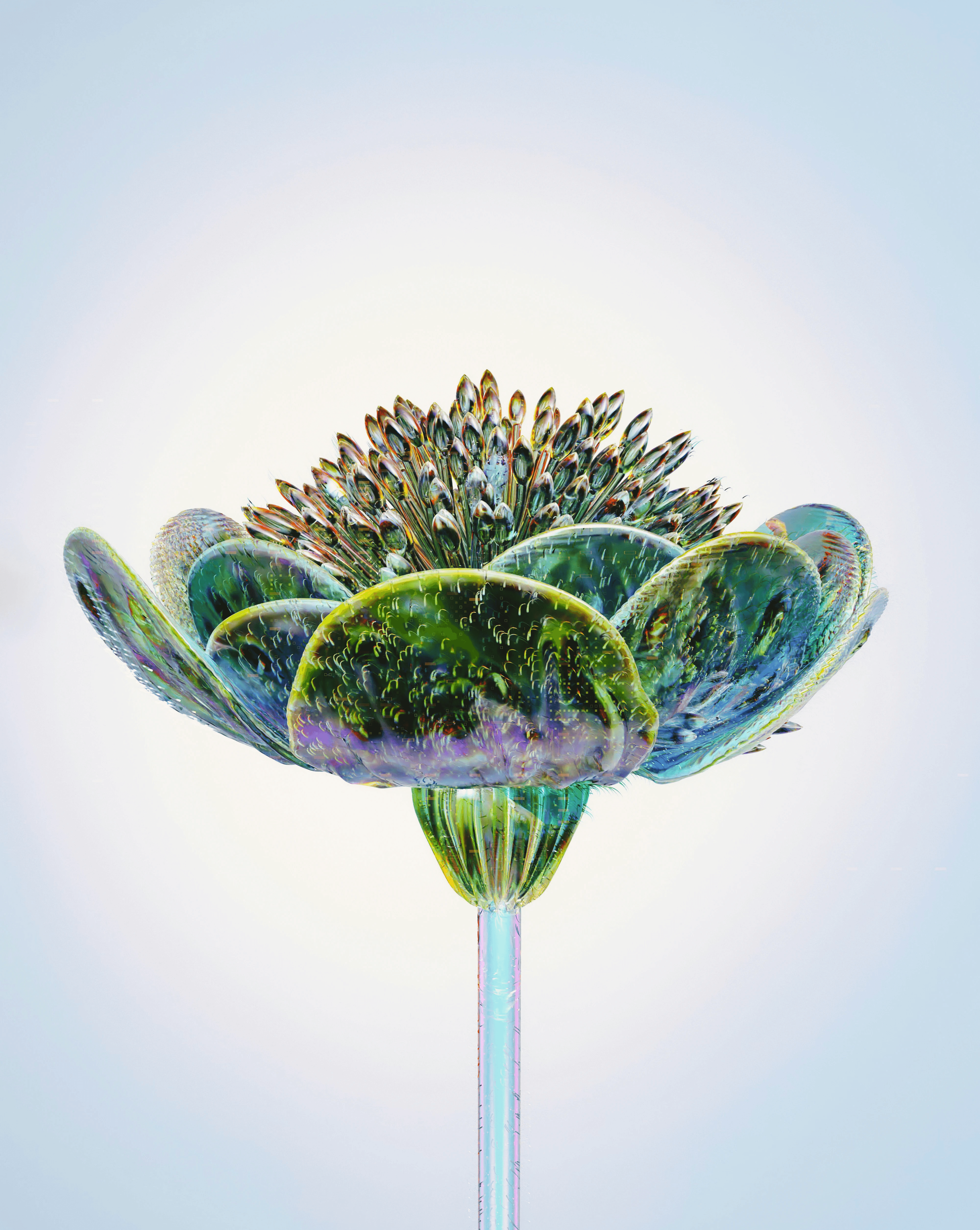 An elaborate xray styled green flower on a white background