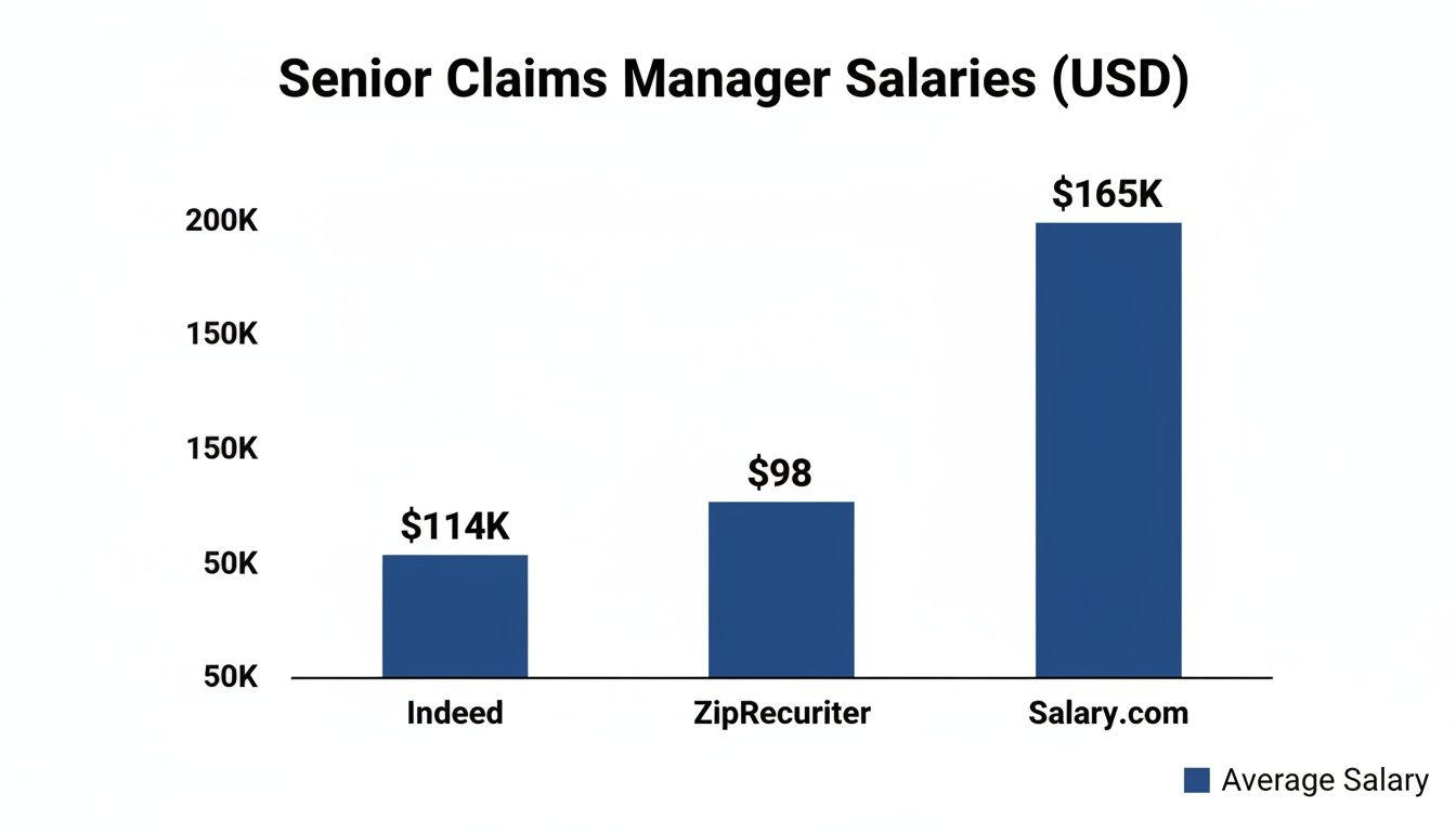 Bar chart comparing average Senior Claims Manager salaries from Indeed, ZipRecruiter, and Salary.com.