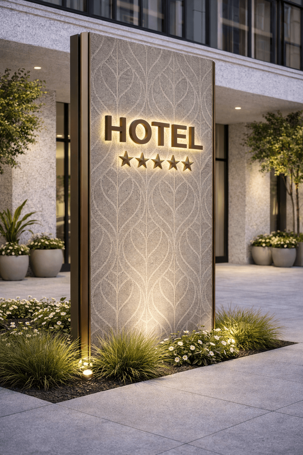 Leafy stone cladding applied on architectural entrance wall with illuminated organic pattern design