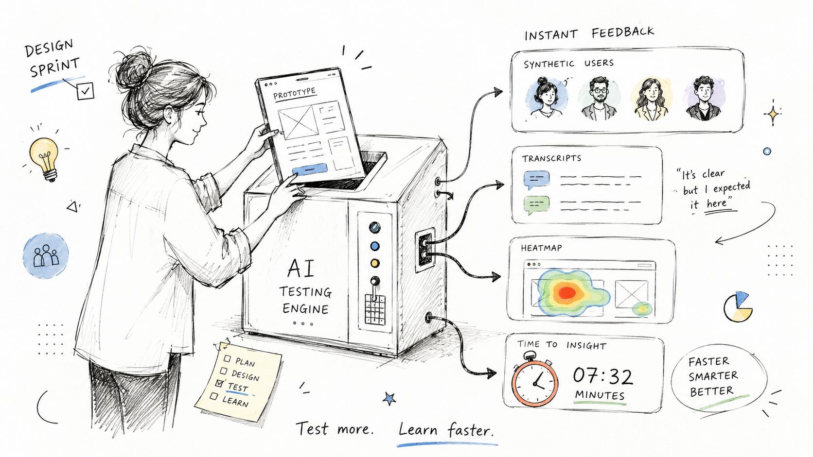 A hand-drawn illustration depicting a woman inserting a design prototype into an AI automated testing engine machine.
