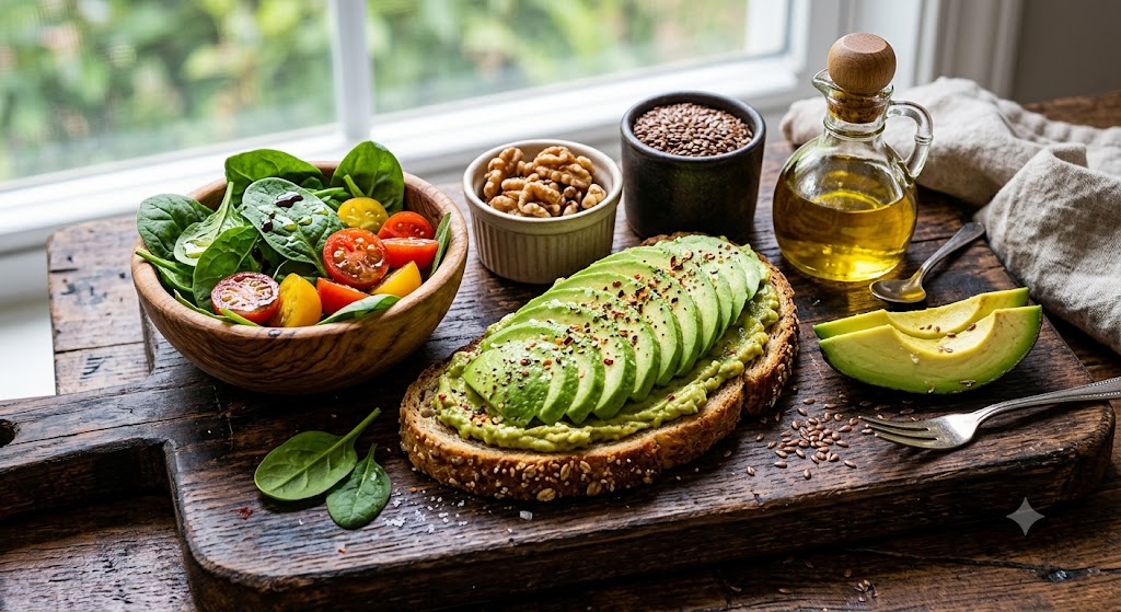 A vibrant, natural light photograph of gourmet avocado toast on whole-grain bread, a bowl of spinach and cherry tomato salad, flax seeds, walnuts, and olive oil on a rustic wooden board near a window.