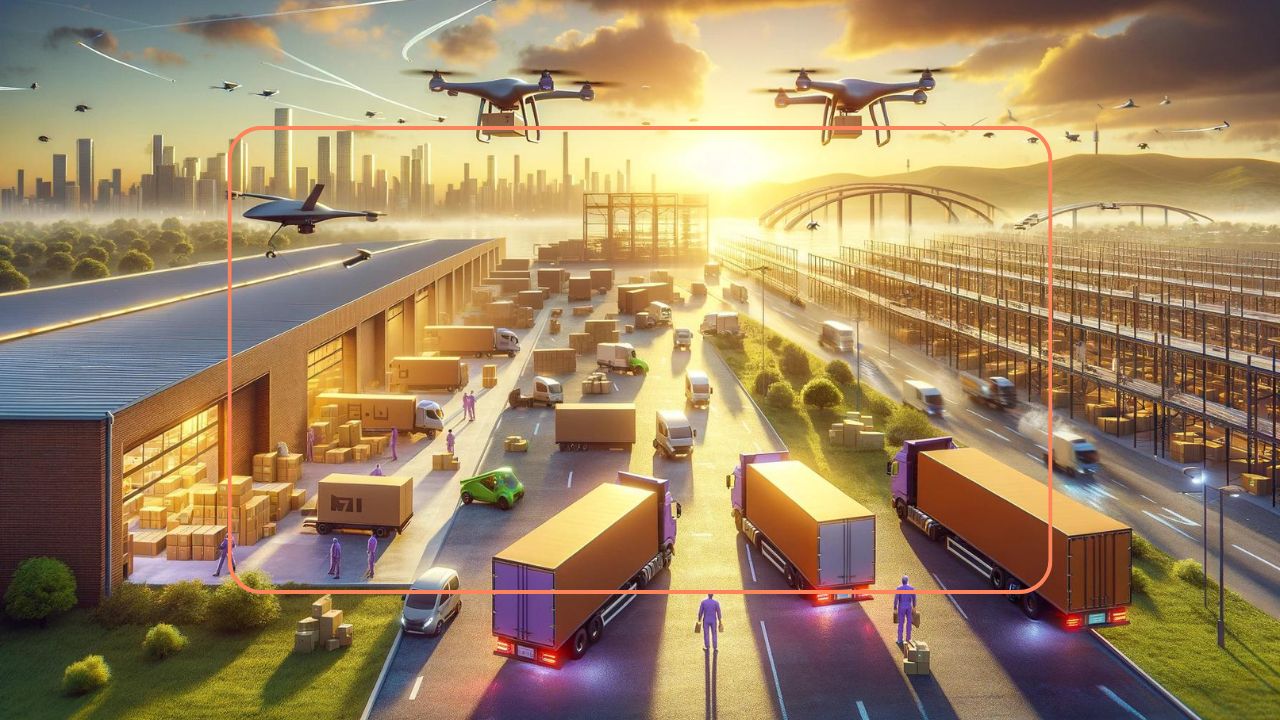 Futuristic logistics hub with delivery drones, trucks, and packages in motion at sunset