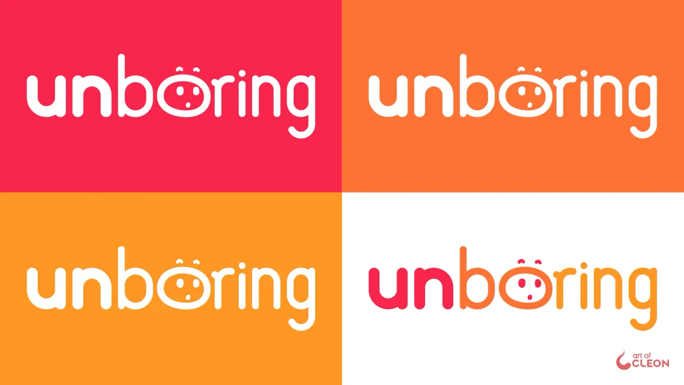 A four-panel grid of horizontal Unboring wordmarks: white on pink-red, coral orange, and warm orange, plus a multicolor version on white.