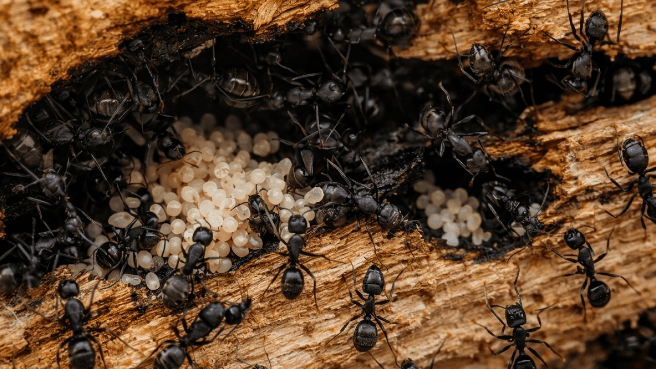 Colonie de fourmis charpentières avec des œufs dans une galerie creusée dans du bois
