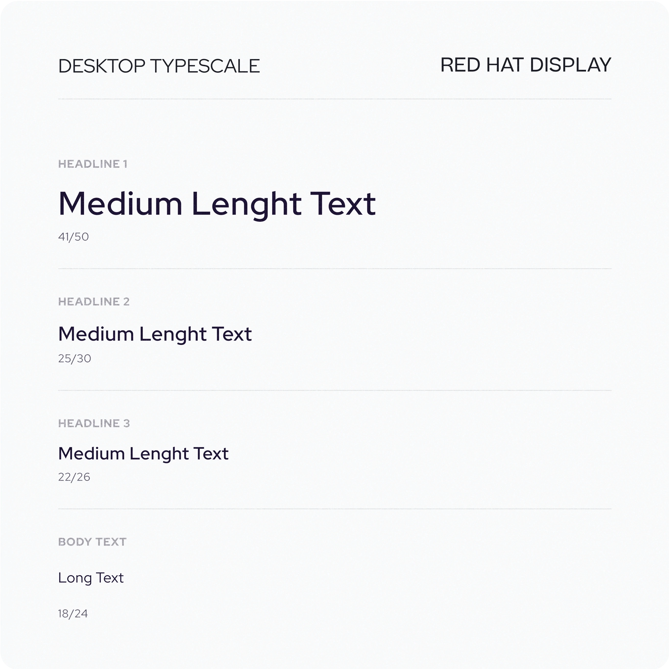 Desktop typescale for Red Hat Display. It shows different headline and body text sizes with their respective font sizes:  Headline 1: Medium Length Text (41/50) Headline 2: Medium Length Text (25/30) Headline 3: Medium Length Text (22/26) Body Text: Long Text (18/24)  The typography is clean and modern, designed for readability on desktop screens.