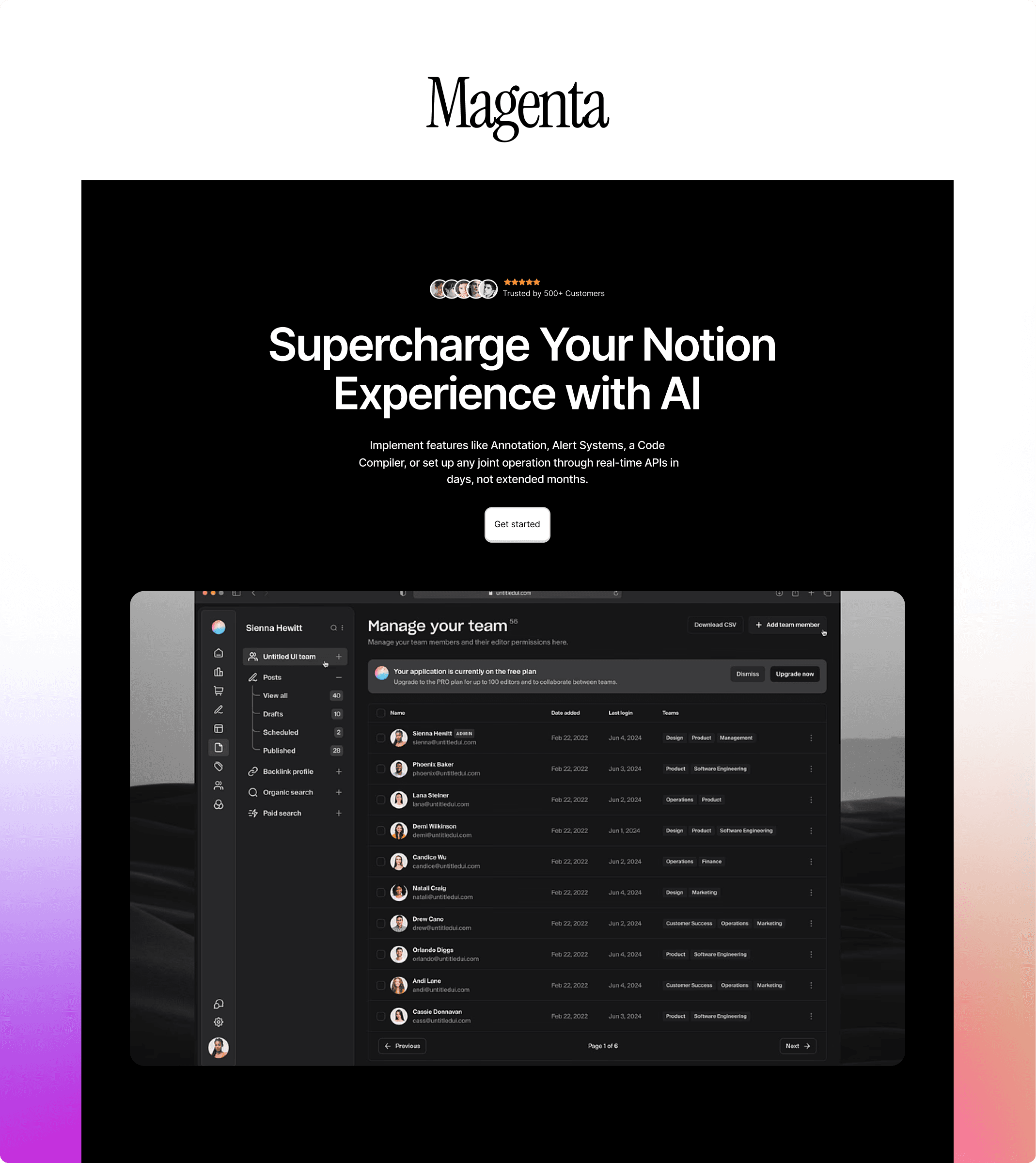 A dark-themed webpage showcasing a Notion integration service powered by AI. The headline reads 'Supercharge Your Notion Experience with AI,' followed by a description of features such as Annotation, Alert Systems, and real-time APIs. The page features a 'Get started' button below the description. At the top, the navigation menu includes links for 'Home,' 'About us,' 'Pricing,' and 'Contact,' with a 'Book a meeting' button in the top-right corner. Below the headline, a dashboard interface displays a 'Manage your team' section with a list of team members, roles, and permissions, presented in a sleek, dark user interface. The background gradient transitions from pink to orange, adding a vibrant and modern touch.