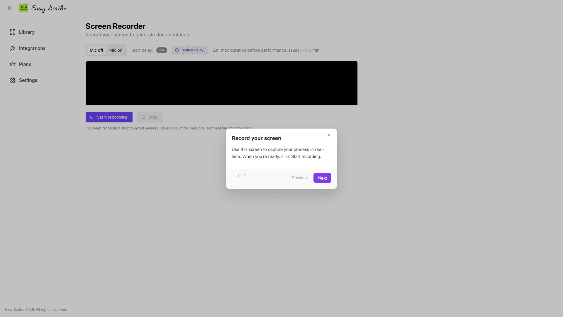 Easy Scribe browser-based screen recorder with mic toggle and start delay