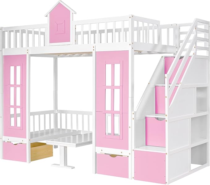 Enjoy a seamless blend of form and function with the pink bunk bed with desk, tailored for you.