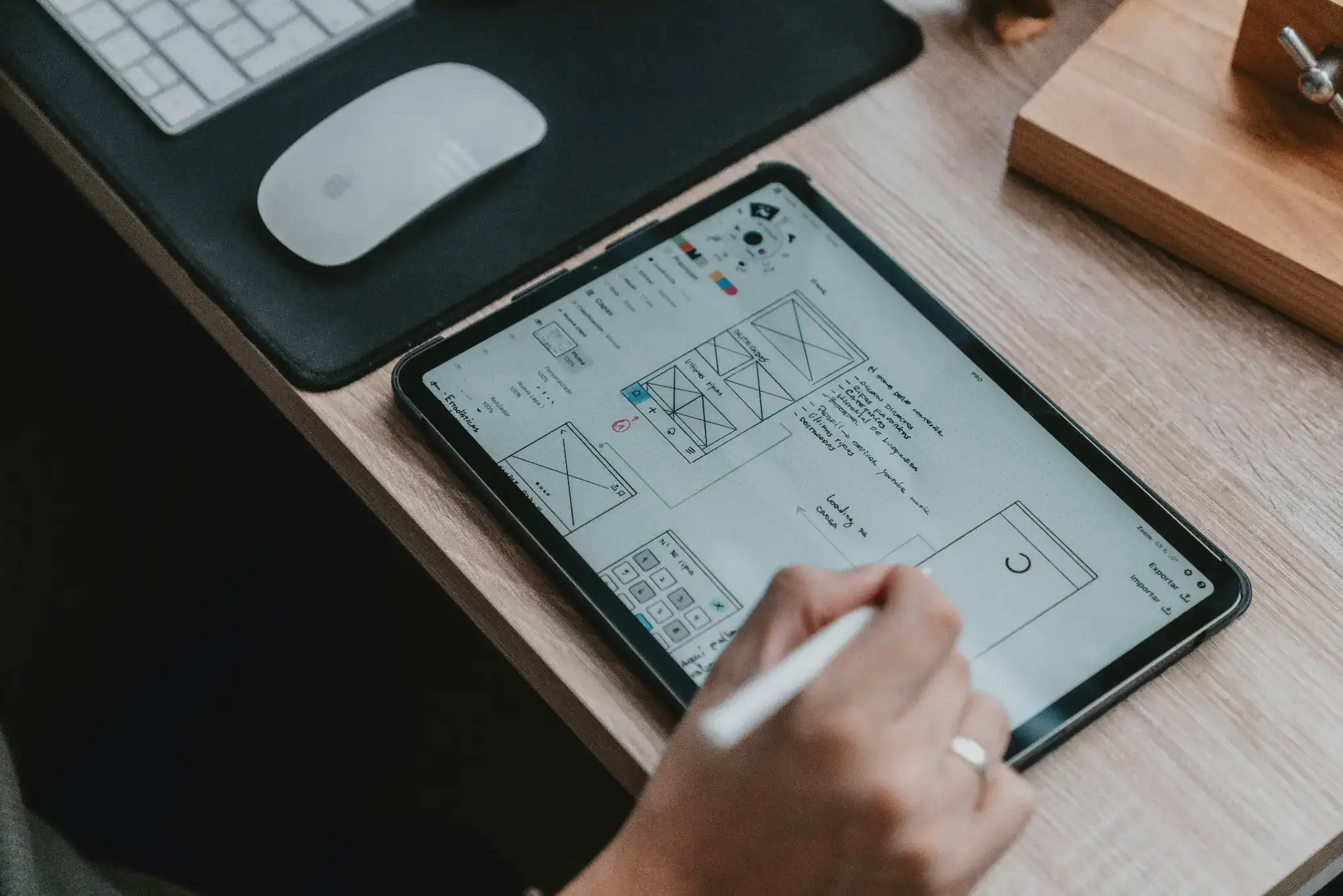 Web designer creating mobile app wireframes on a tablet at a desk with a keyboard and mouse.