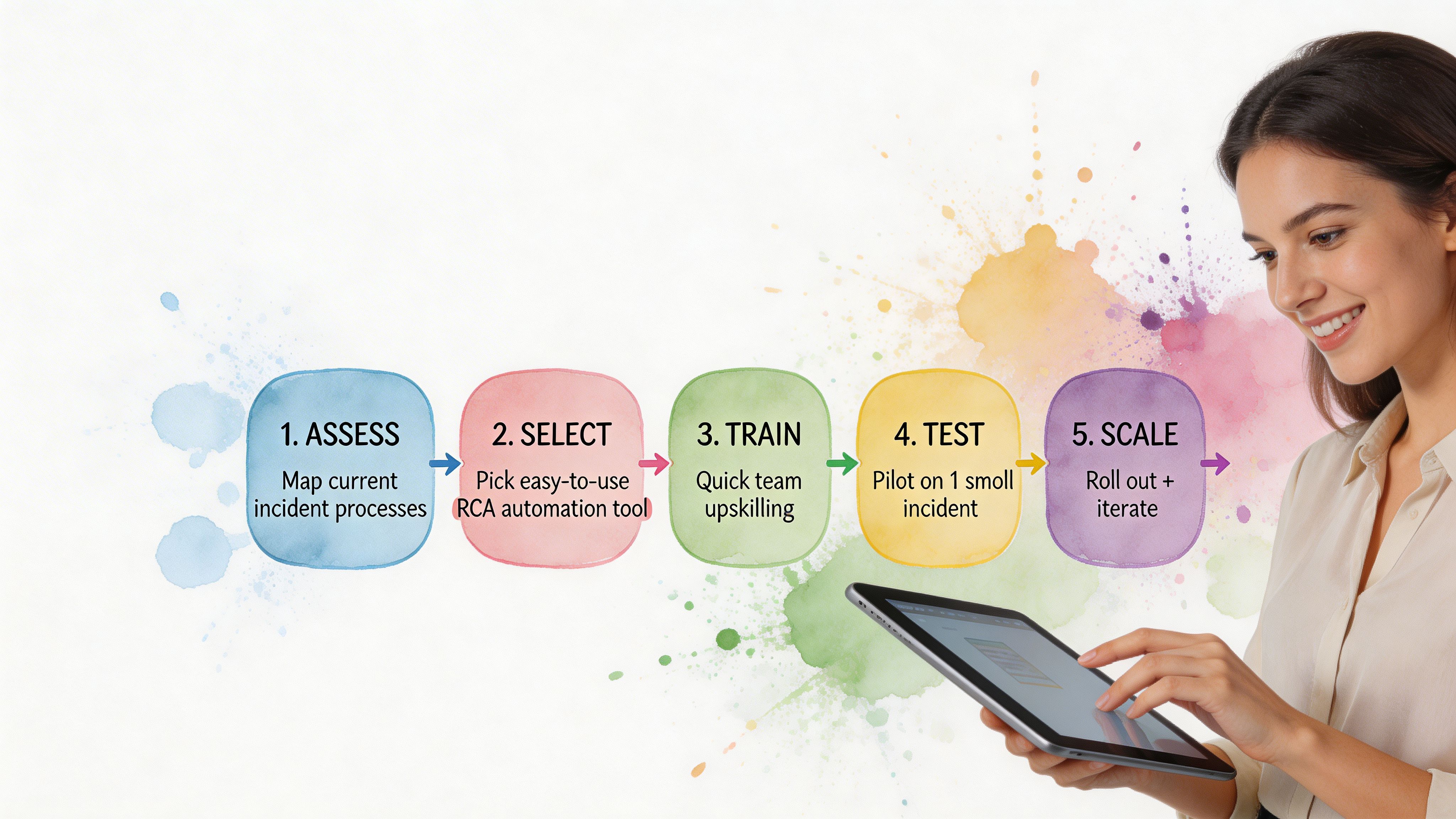 A woman using a tablet while a five-step process diagram for automated root cause analysis is displayed.